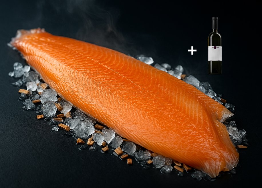1 kilo gerookte zalm, met verpakking en wijn